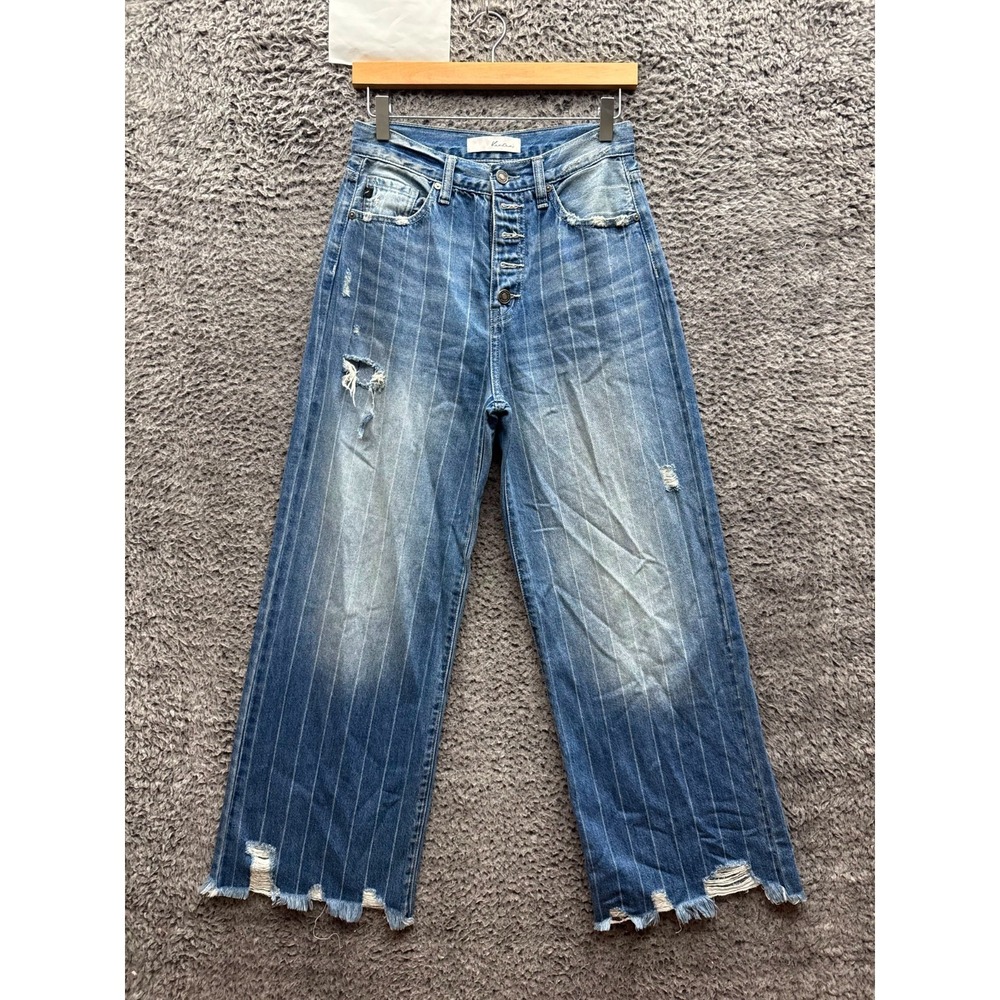Kancan Pinstripe Distressed Wide Leg Denim Jeans Medium Wash Blue Size 27 x 29